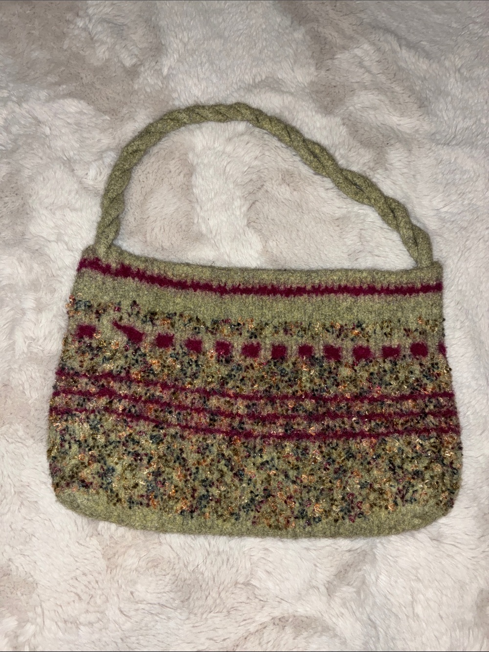 Handcrafted wood bag Olive Green and Burgundy Knit Shoulder Bag
